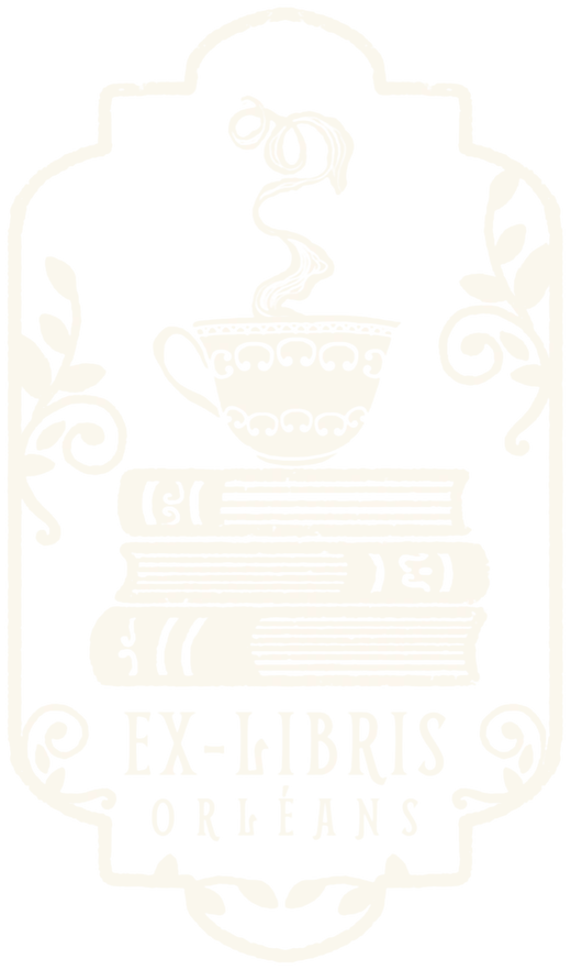 Ex-libris du salon : une tasse fumante sur trois livres, Ex-Libris Orléans